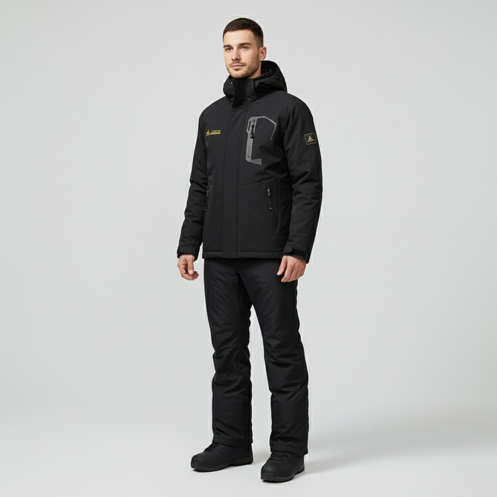 Black Two Piece Ski Jacket and Pants Set with Hood for Men | Snowboard Outfit