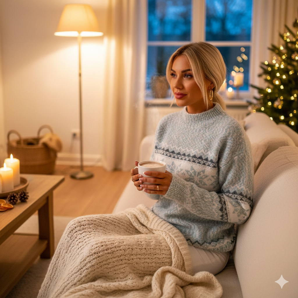 Ladies Knitted Winter Sweater with Scandinavian Snowflake Pattern