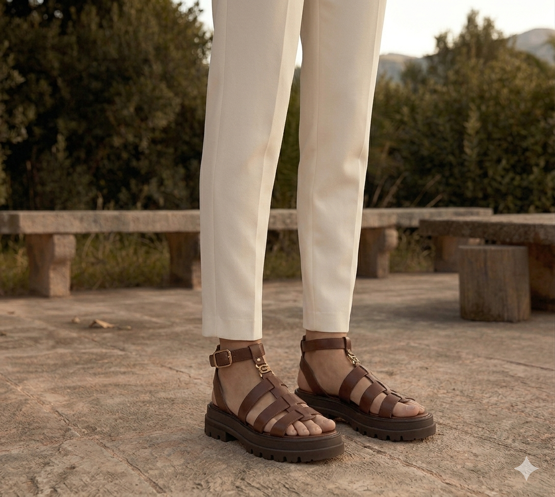 Brown Chunky Sole Woven Slip-On Sandals for Women