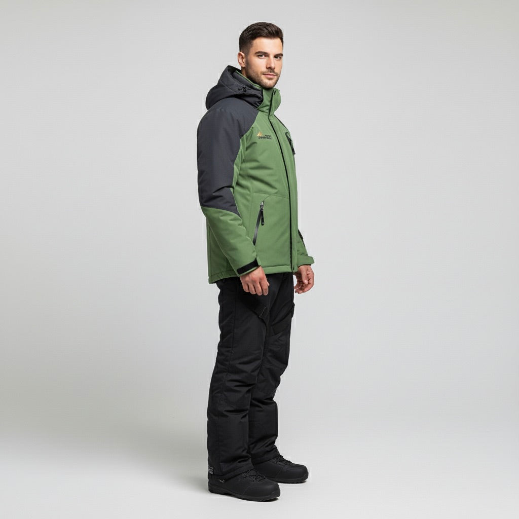 Green Black Hooded Ski Jacket and Pants Set for Men | Winter Snow Sports