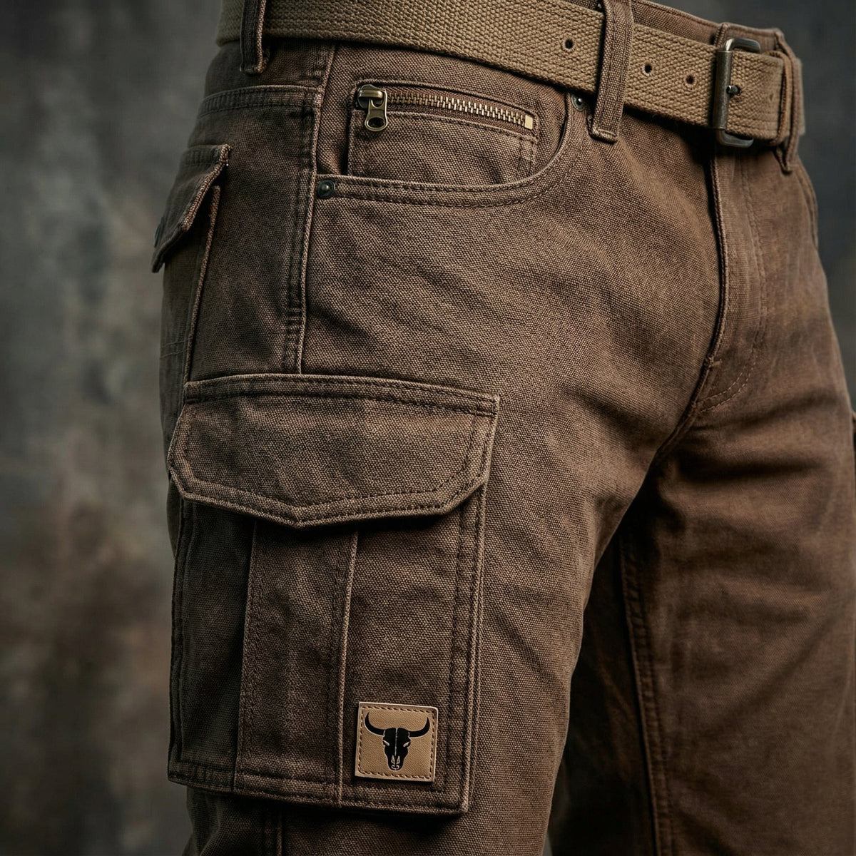 Brown Slim Fit Tapered Leg Cargo Pants with Flap Utility Pockets for Men