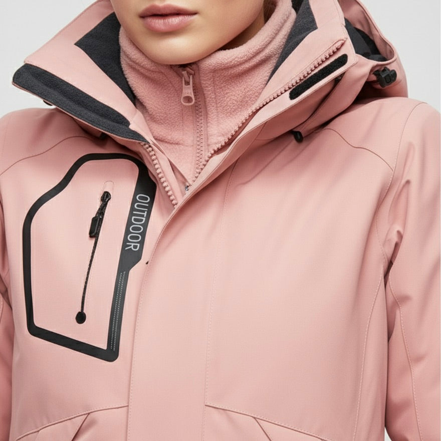 Pink Hooded Waterproof Ski Jacket and Pants Set for Women | Winter Snow Sports
