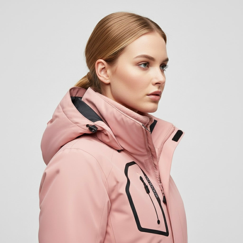 Pink Hooded Waterproof Ski Jacket and Pants Set for Women | Winter Snow Sports