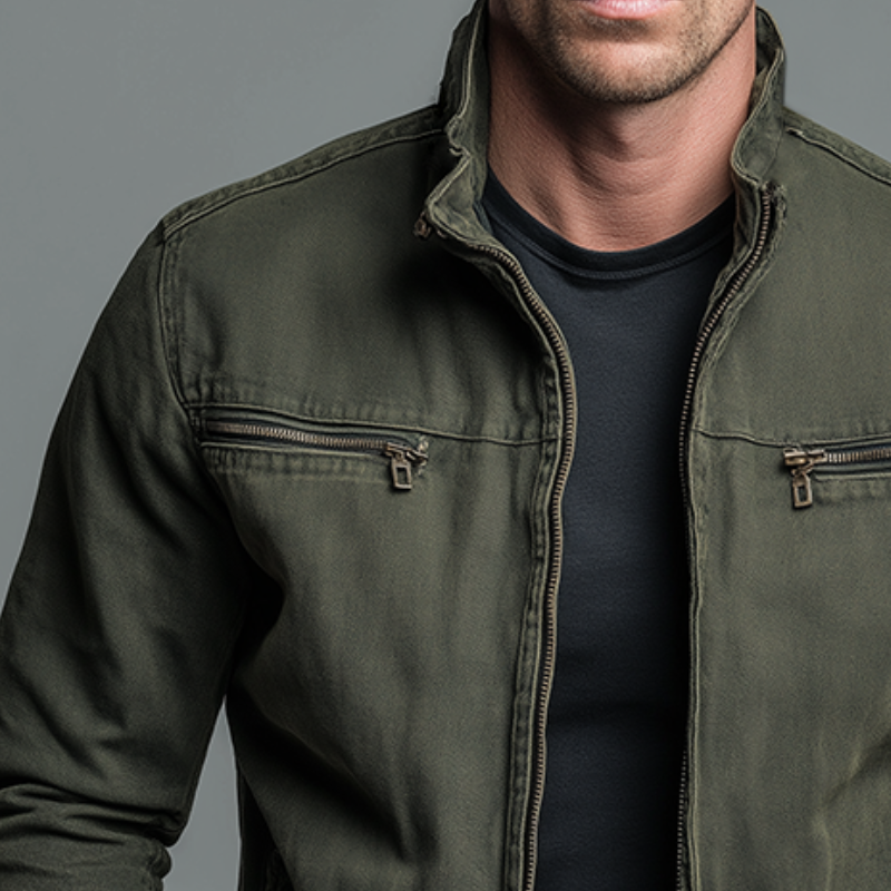 Army Green Stand Collar Zip Jacket with Chest Pockets for Men | Autumn Winter
