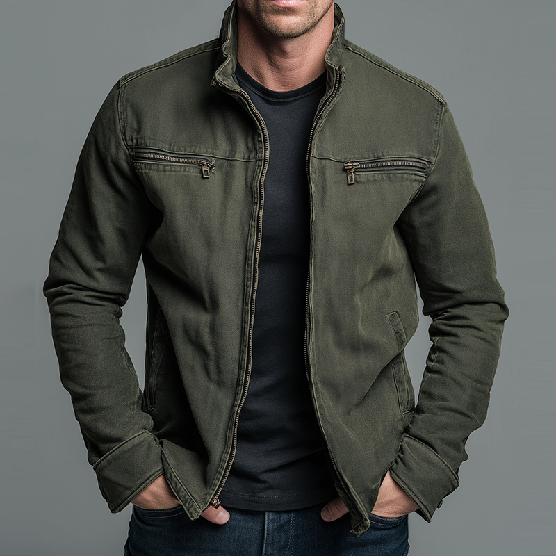 Army Green Stand Collar Zip Jacket with Chest Pockets for Men | Autumn Winter
