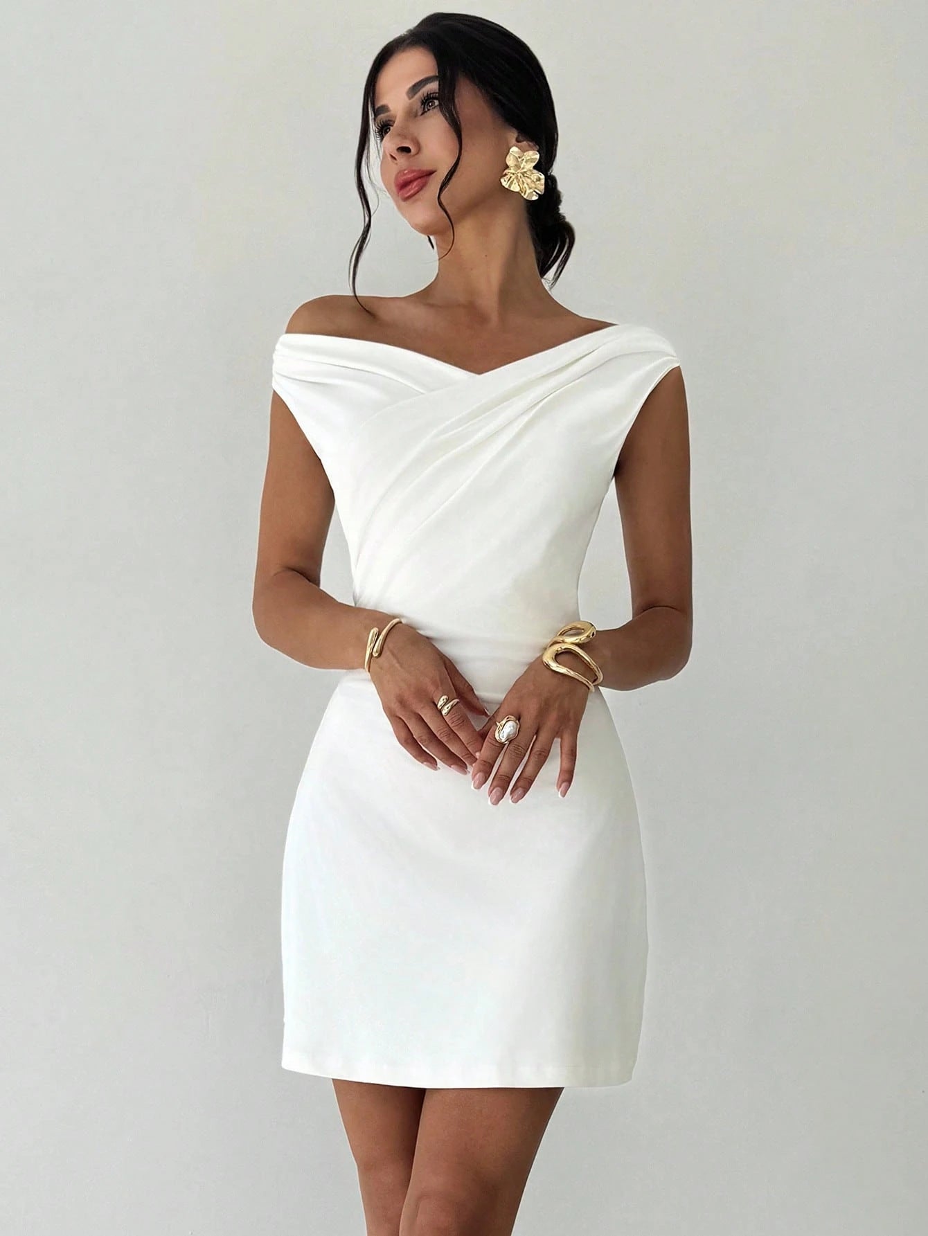 White Off-Shoulder Cocktail Dress for Women | Draped Neckline