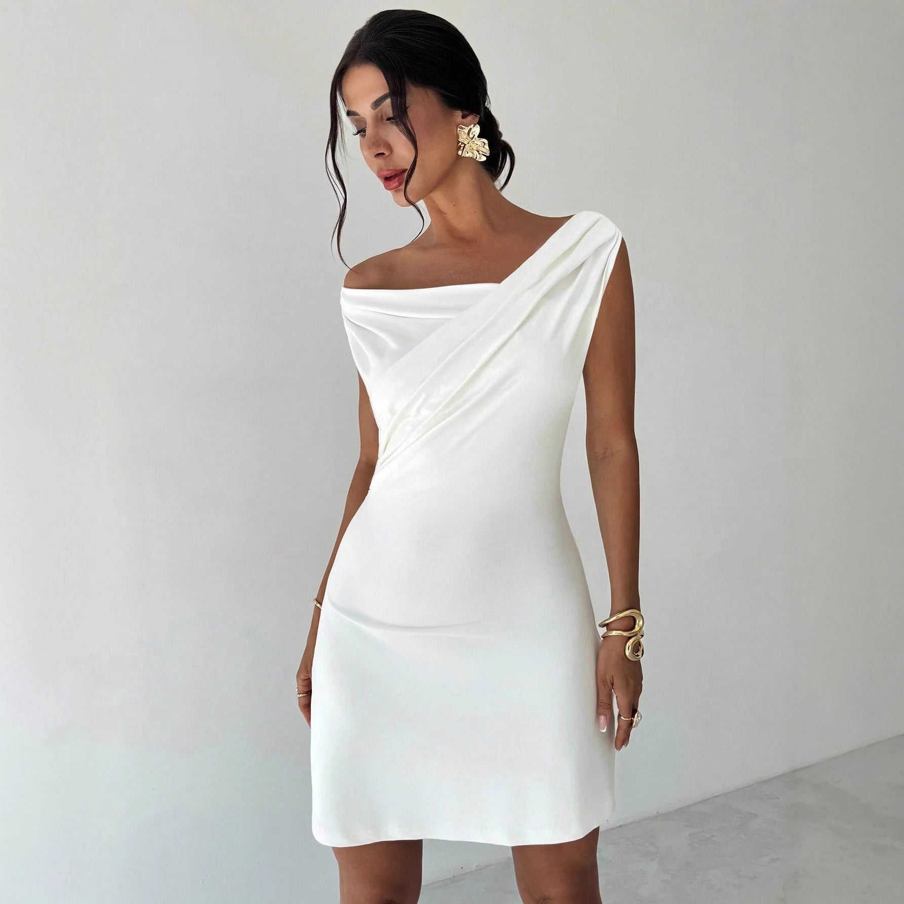 White Off-Shoulder Cocktail Dress for Women | Draped Neckline