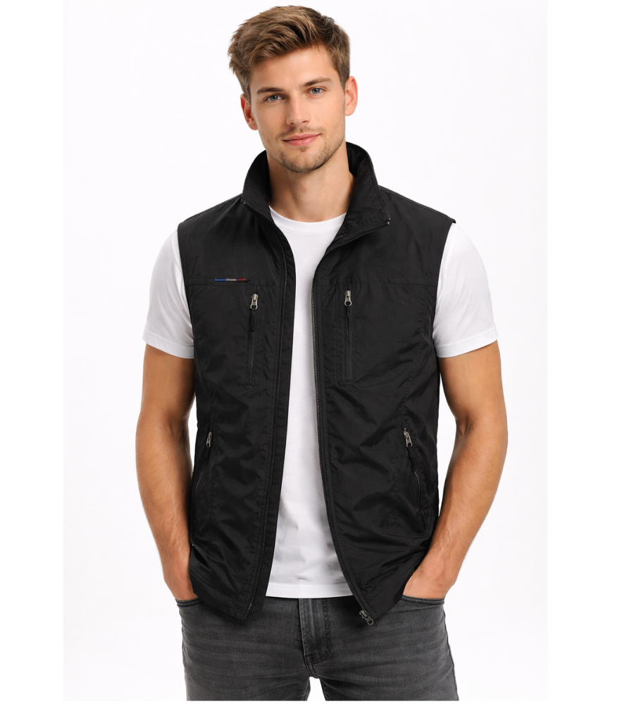 Men's Zip-Up Gilet with Stand Collar and Zip Pockets for Men