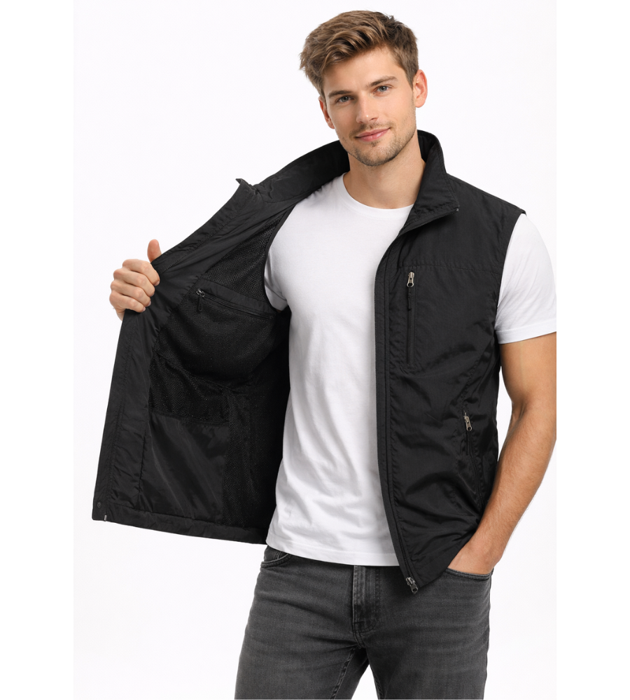 Men's Zip-Up Gilet with Stand Collar and Zip Pockets for Men
