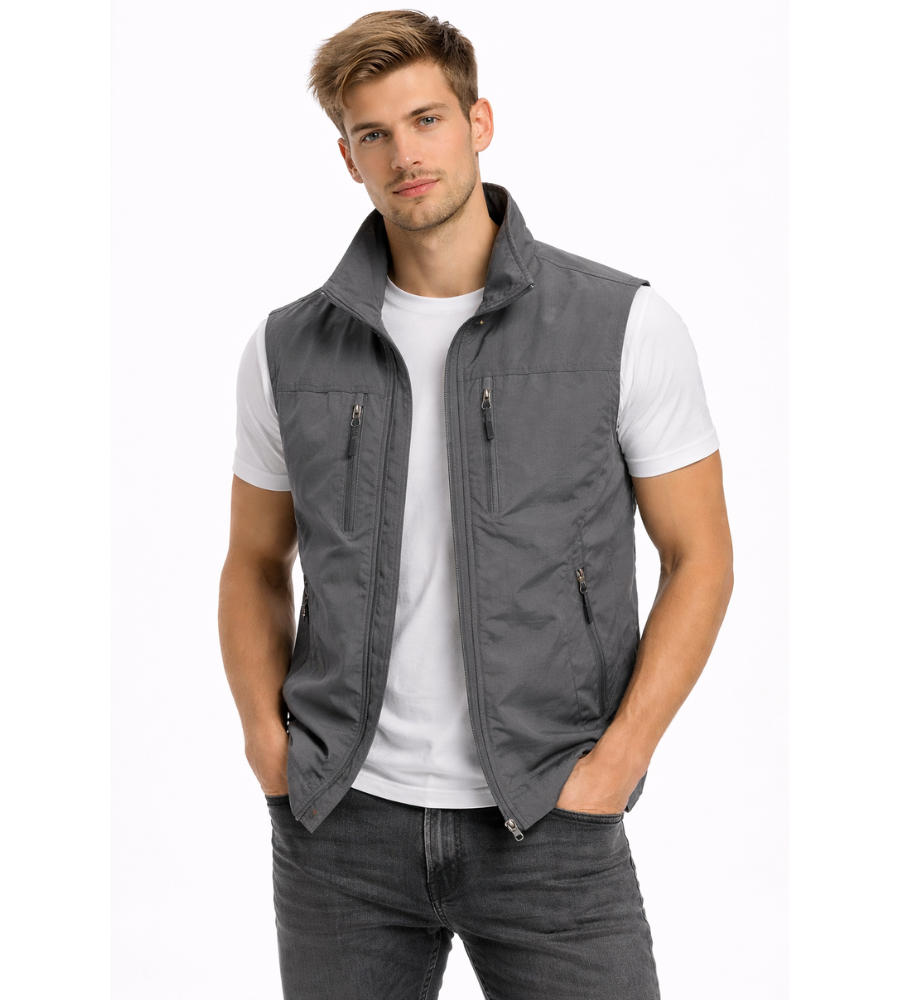 Men's Zip-Up Gilet with Stand Collar and Zip Pockets for Men