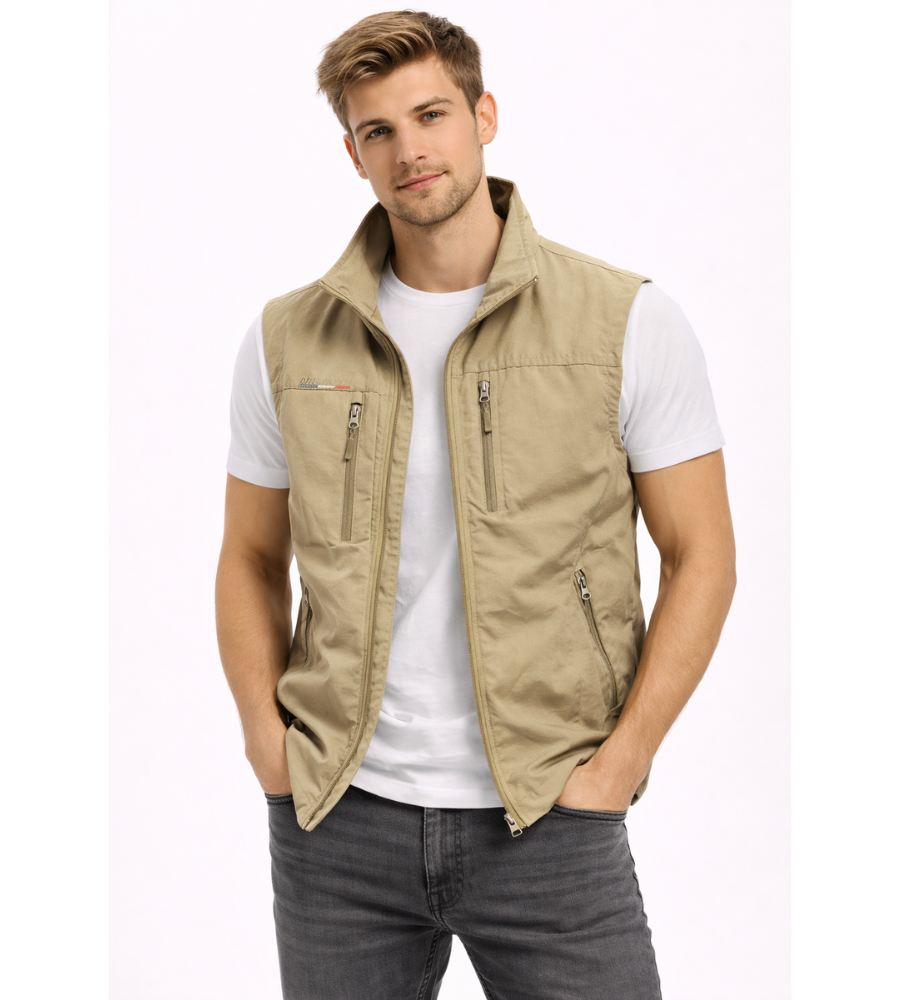 Men's Zip-Up Gilet with Stand Collar and Zip Pockets for Men
