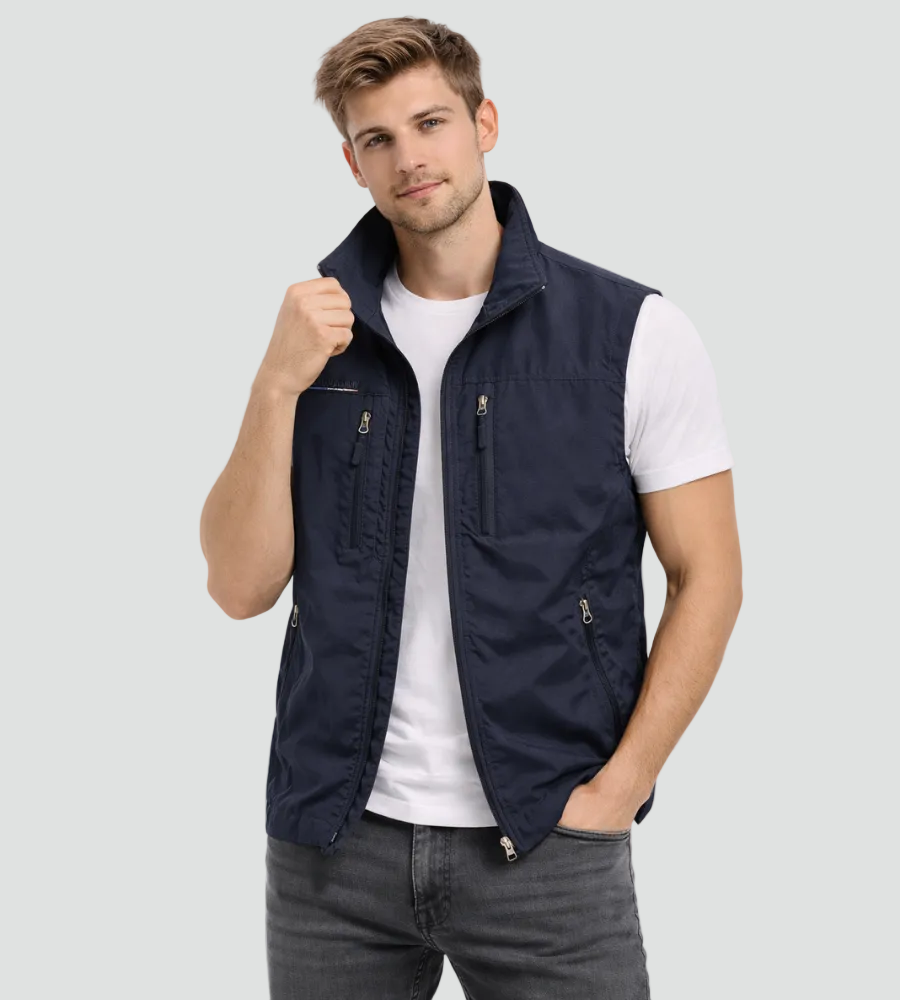 Men's Zip-Up Gilet with Stand Collar and Zip Pockets for Men