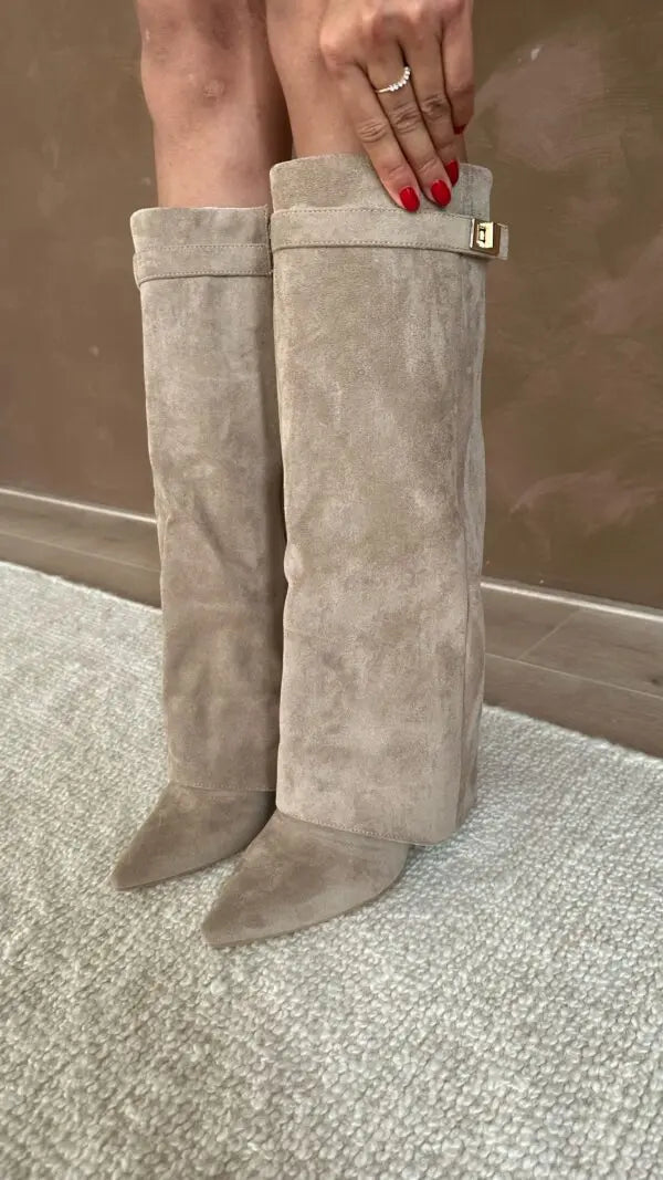 Tall Leather Suede Heeled Boots with Slim Shaft in Black or Taupe for Women