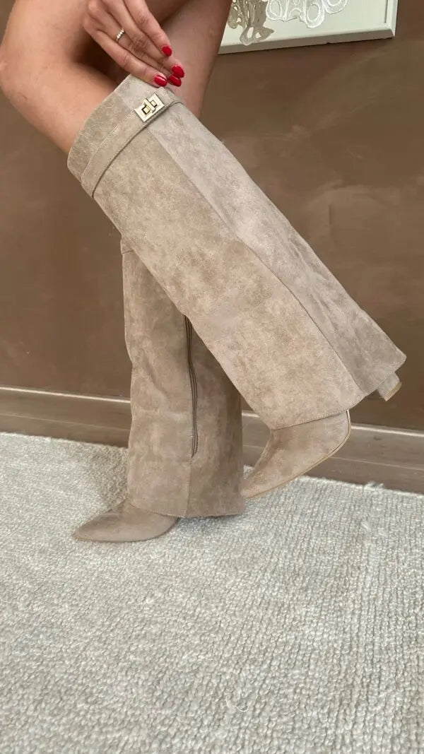 Tall Leather Suede Heeled Boots with Slim Shaft in Black or Taupe for Women
