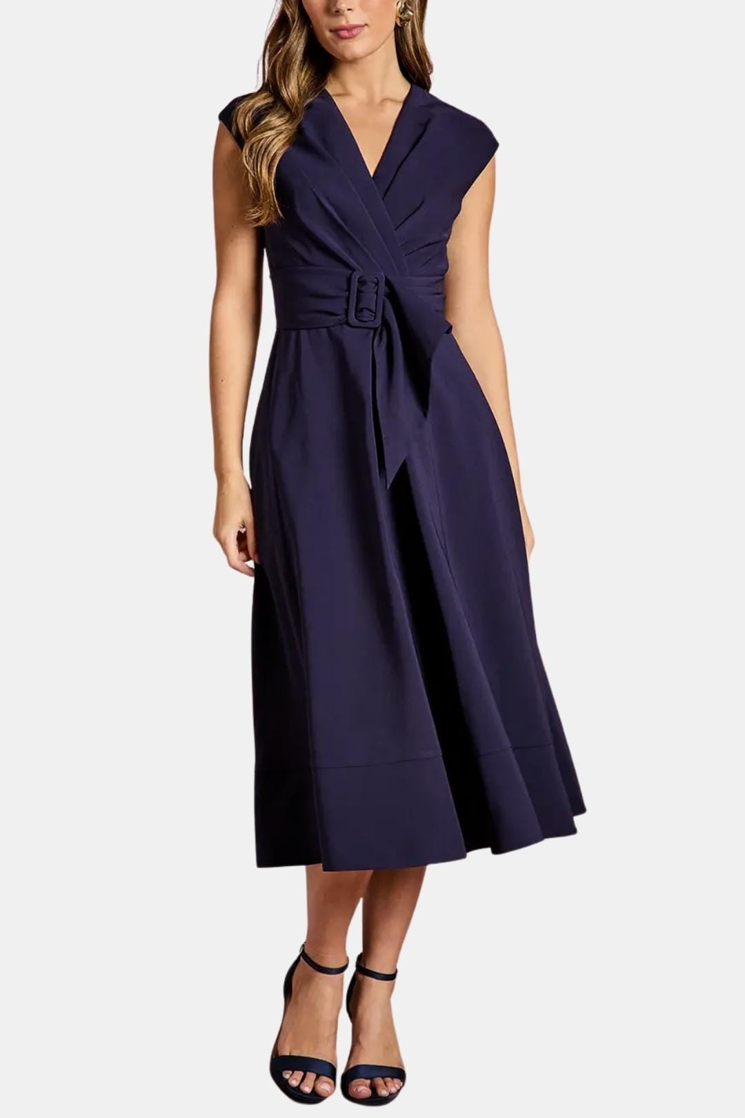 V-Neck Belted Crepe Midi Dress for Women