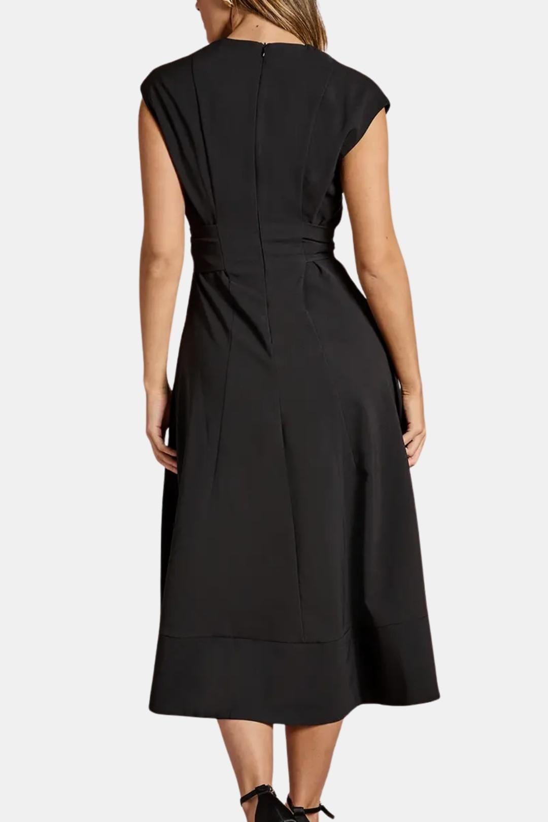 V-Neck Belted Crepe Midi Dress for Women