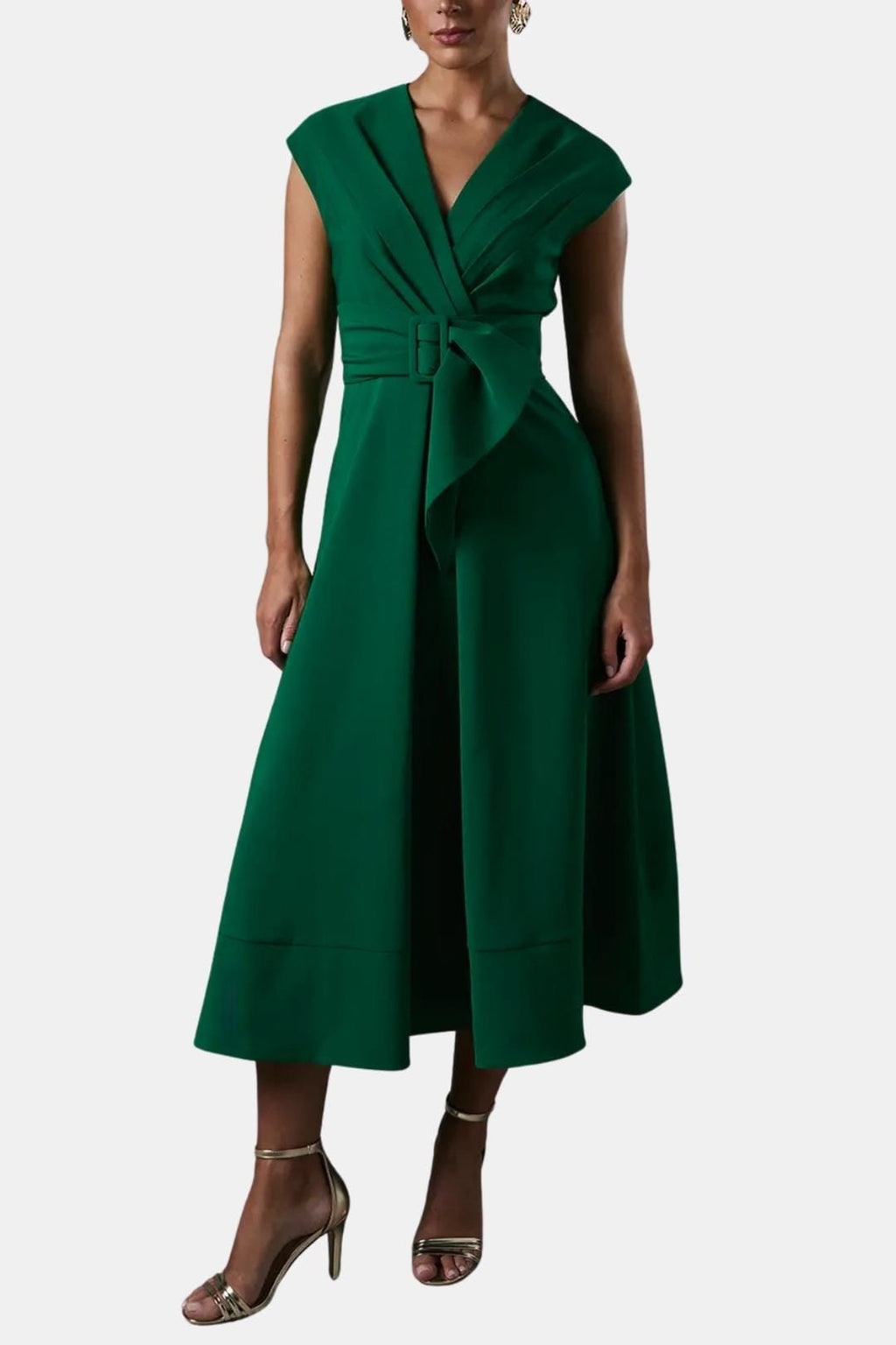 V-Neck Belted Crepe Midi Dress for Women