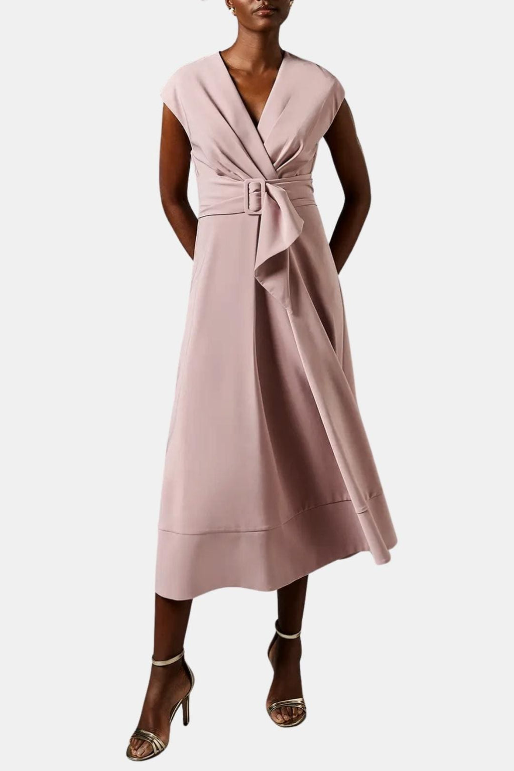 V-Neck Belted Crepe Midi Dress for Women