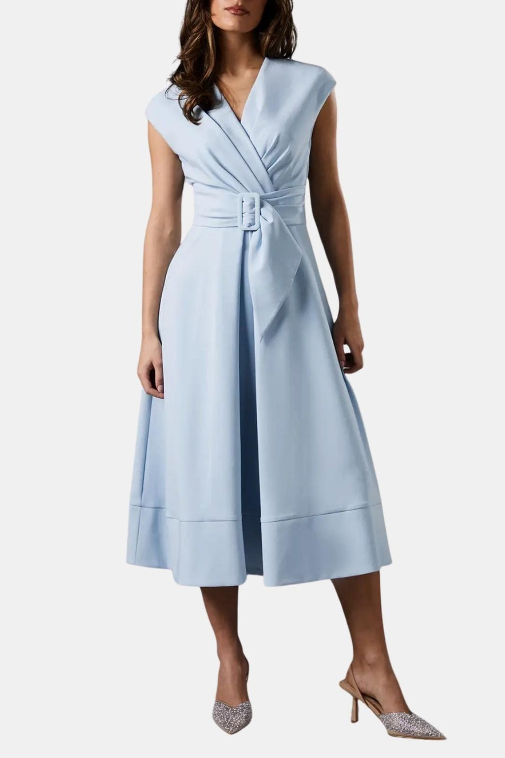 V-Neck Belted Crepe Midi Dress for Women