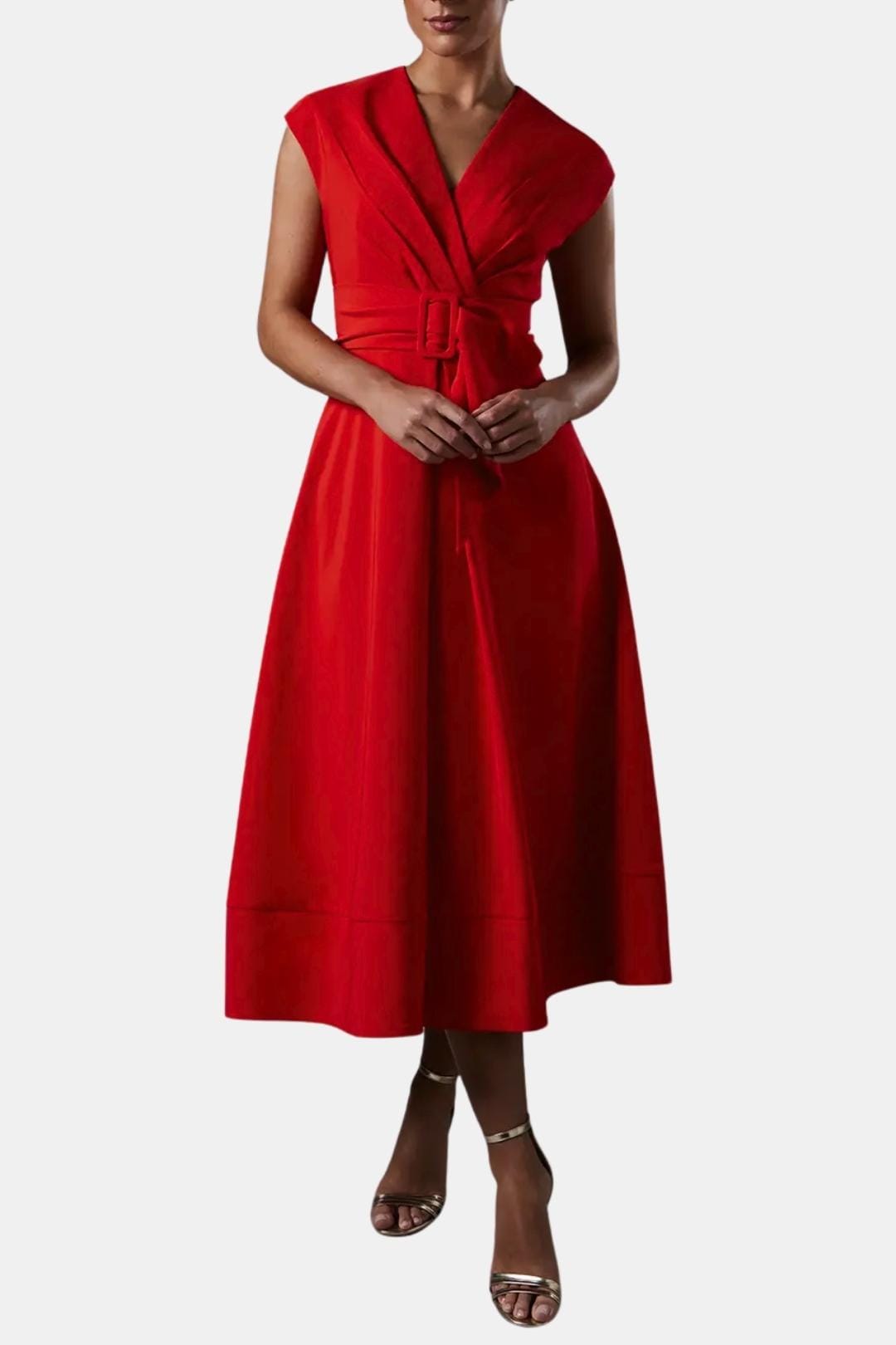 V-Neck Belted Crepe Midi Dress for Women
