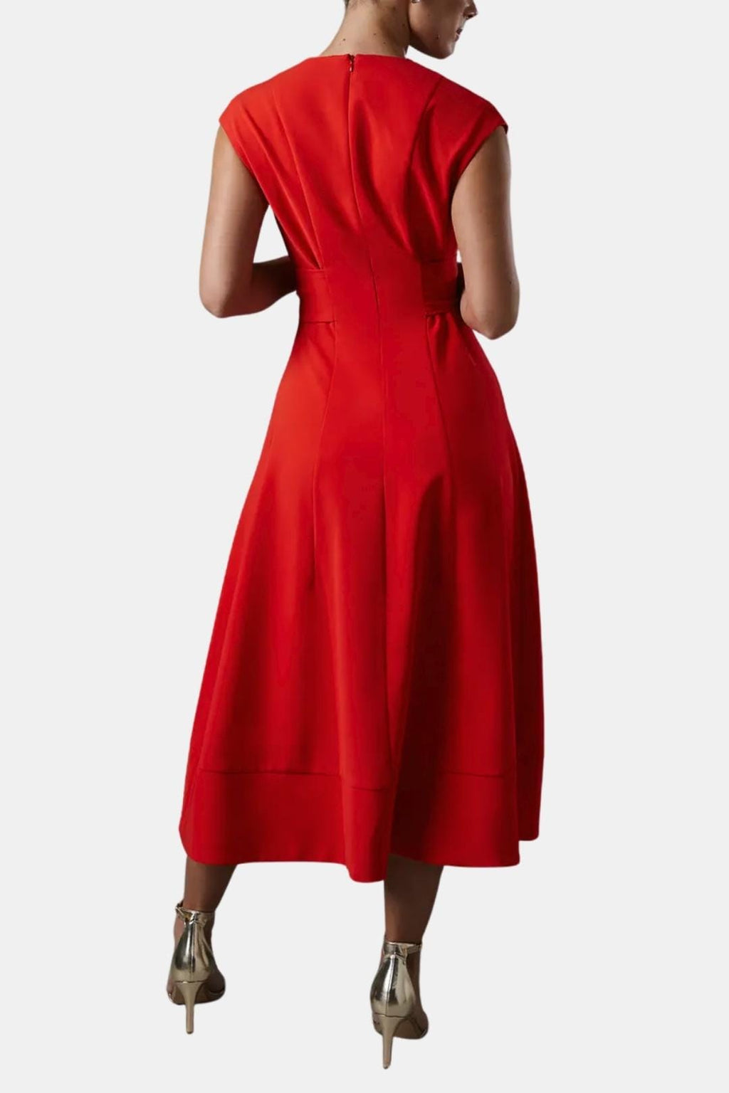V-Neck Belted Crepe Midi Dress for Women