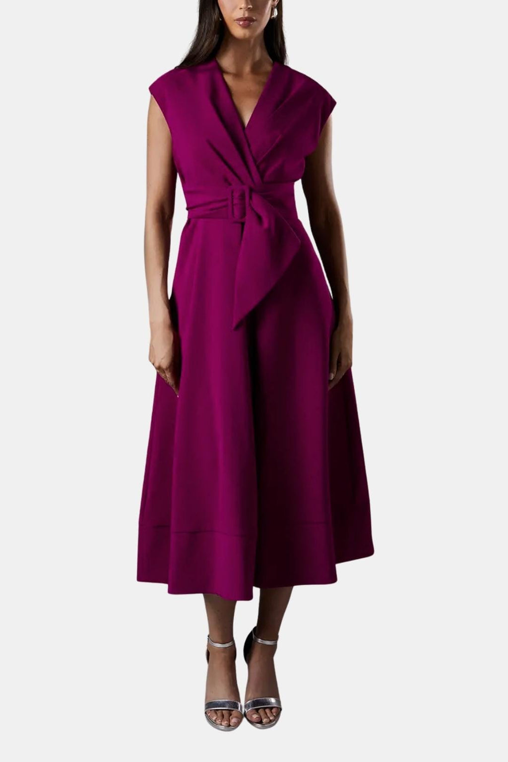 V-Neck Belted Crepe Midi Dress for Women