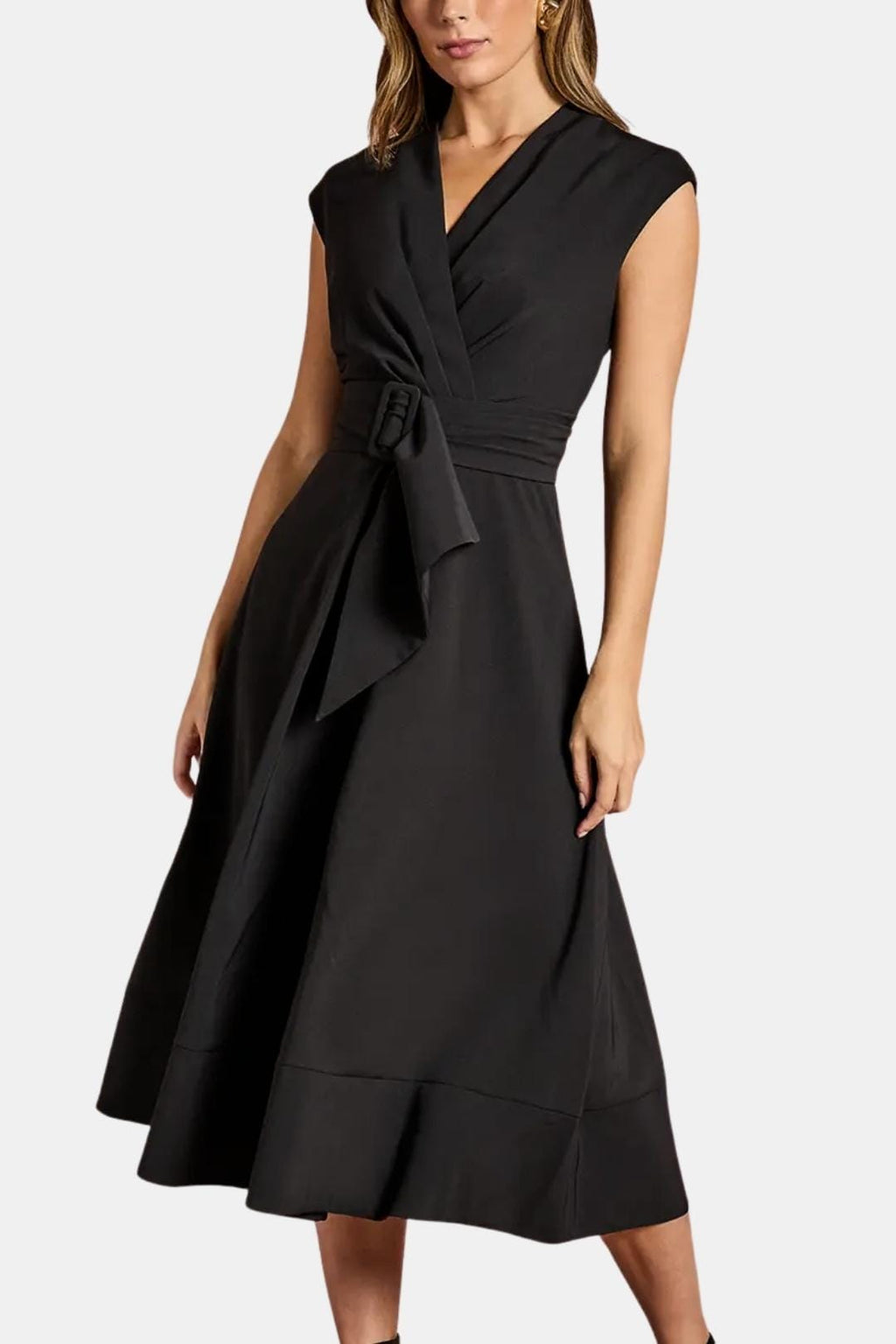 V-Neck Belted Crepe Midi Dress for Women