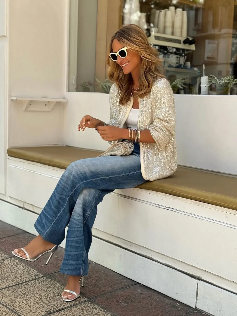 Women's Bomber Jacket | Embellished with Sequins Front Zip Type