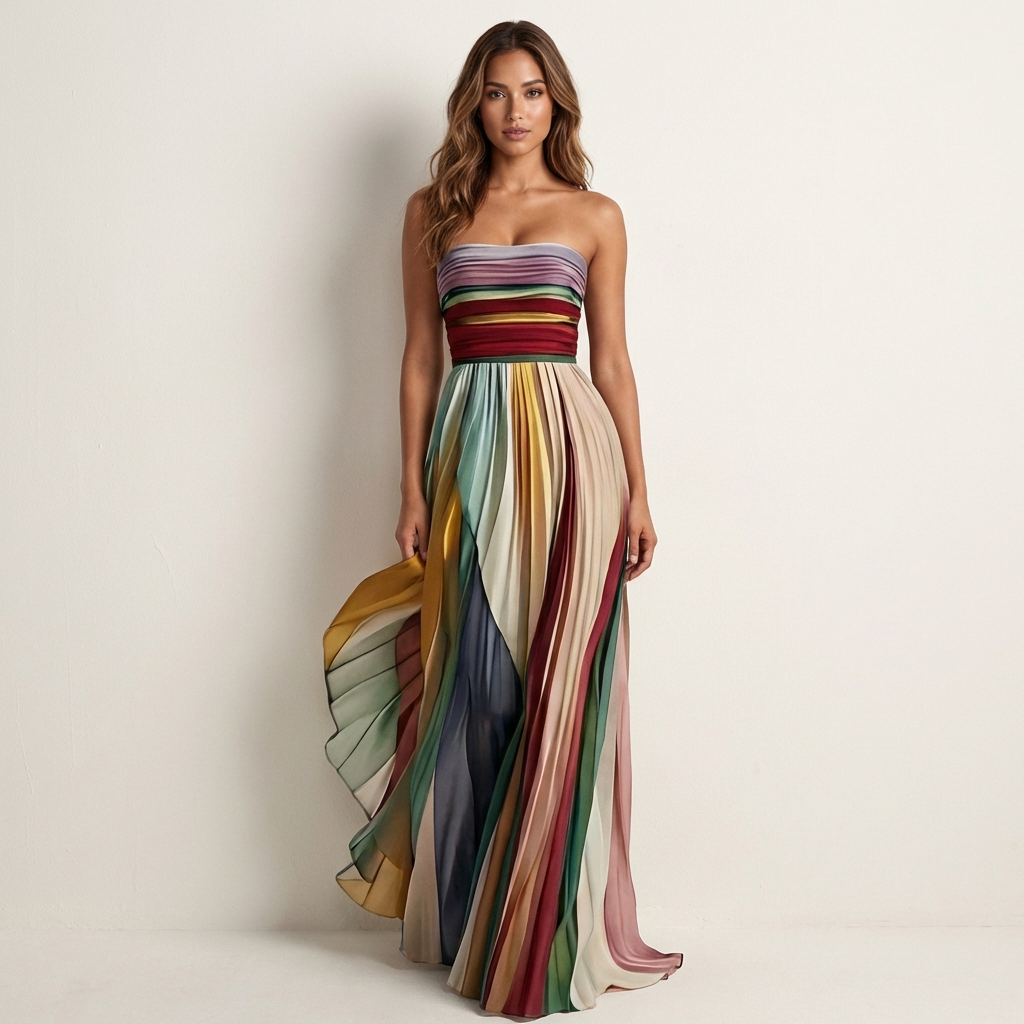 Women's Dress | Strapless Pleated Maxi with Coloured Panels