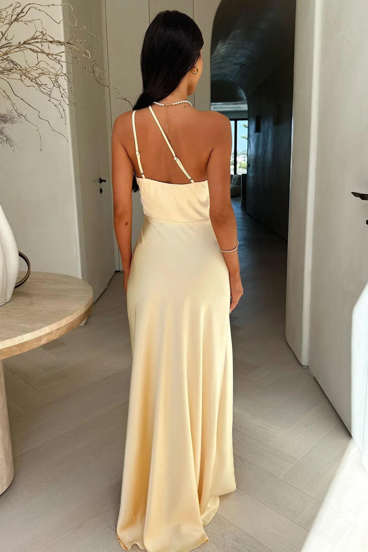 Beige Asymmetric Maxi Dress with Leg Slit and Fitted Top for Women | Evening
