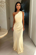 Beige Asymmetric Maxi Dress with Leg Slit and Fitted Top for Women | Evening