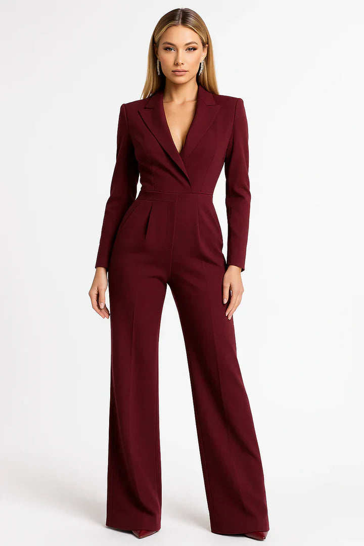 Slim Fit V Neck Wide Leg Blazer Jumpsuit for Women | Office and Formal Events