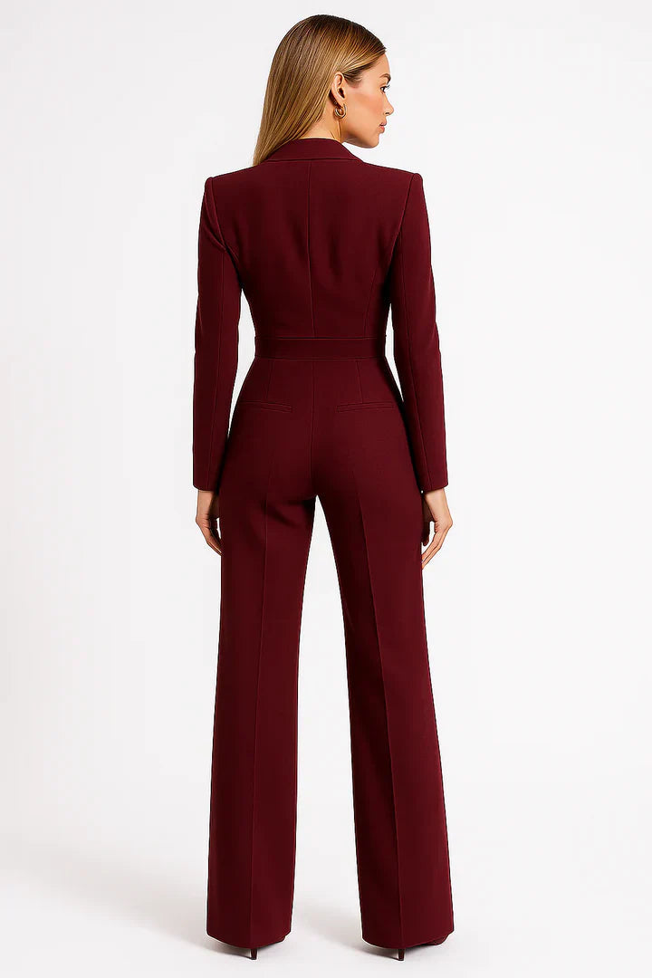 Slim Fit V Neck Wide Leg Blazer Jumpsuit for Women | Office and Formal Events