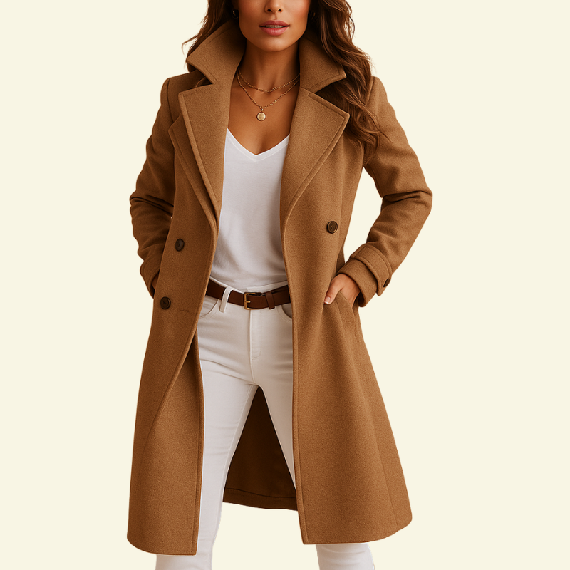 Double Breasted Drop Lapel Knee Length Coat for Women | Fitted Waist Buttons