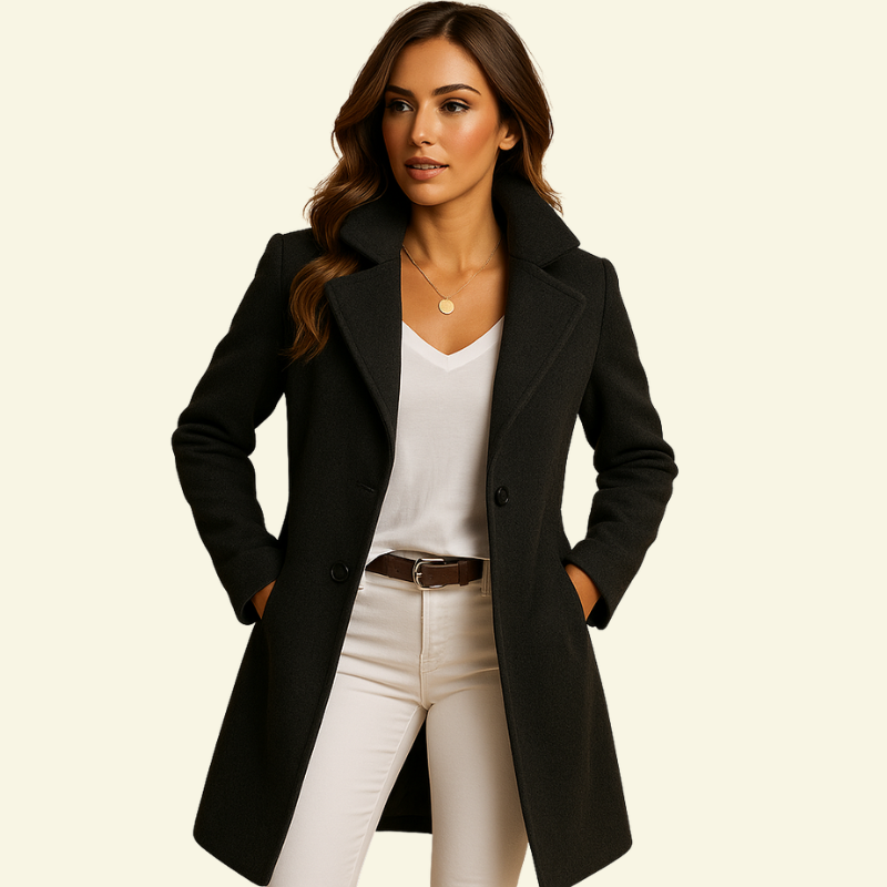 Double Breasted Drop Lapel Knee Length Coat for Women | Fitted Waist Buttons