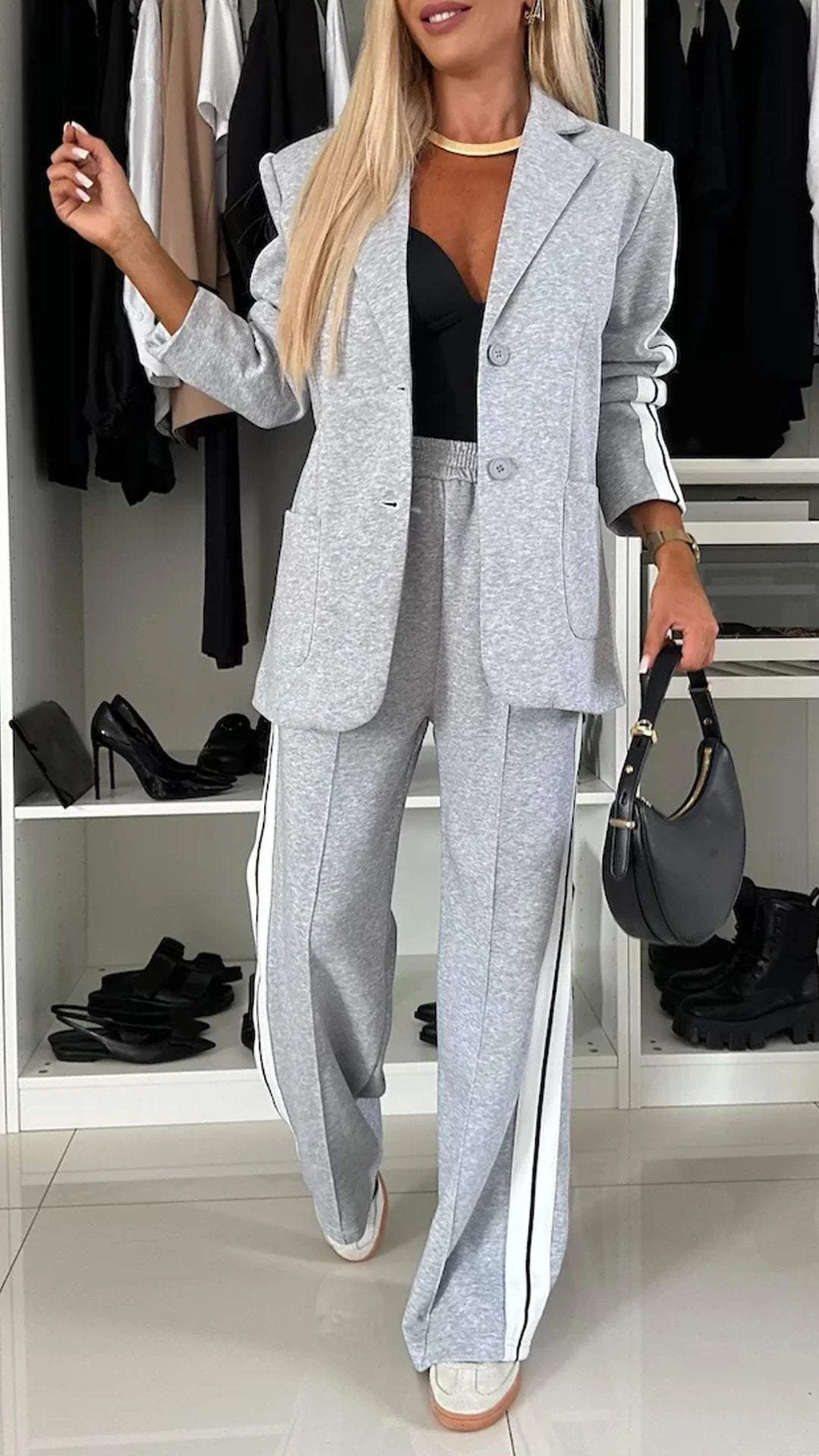 Gray Two Piece Relaxed Fit Blazer and Pants Set for Women | Office Suit