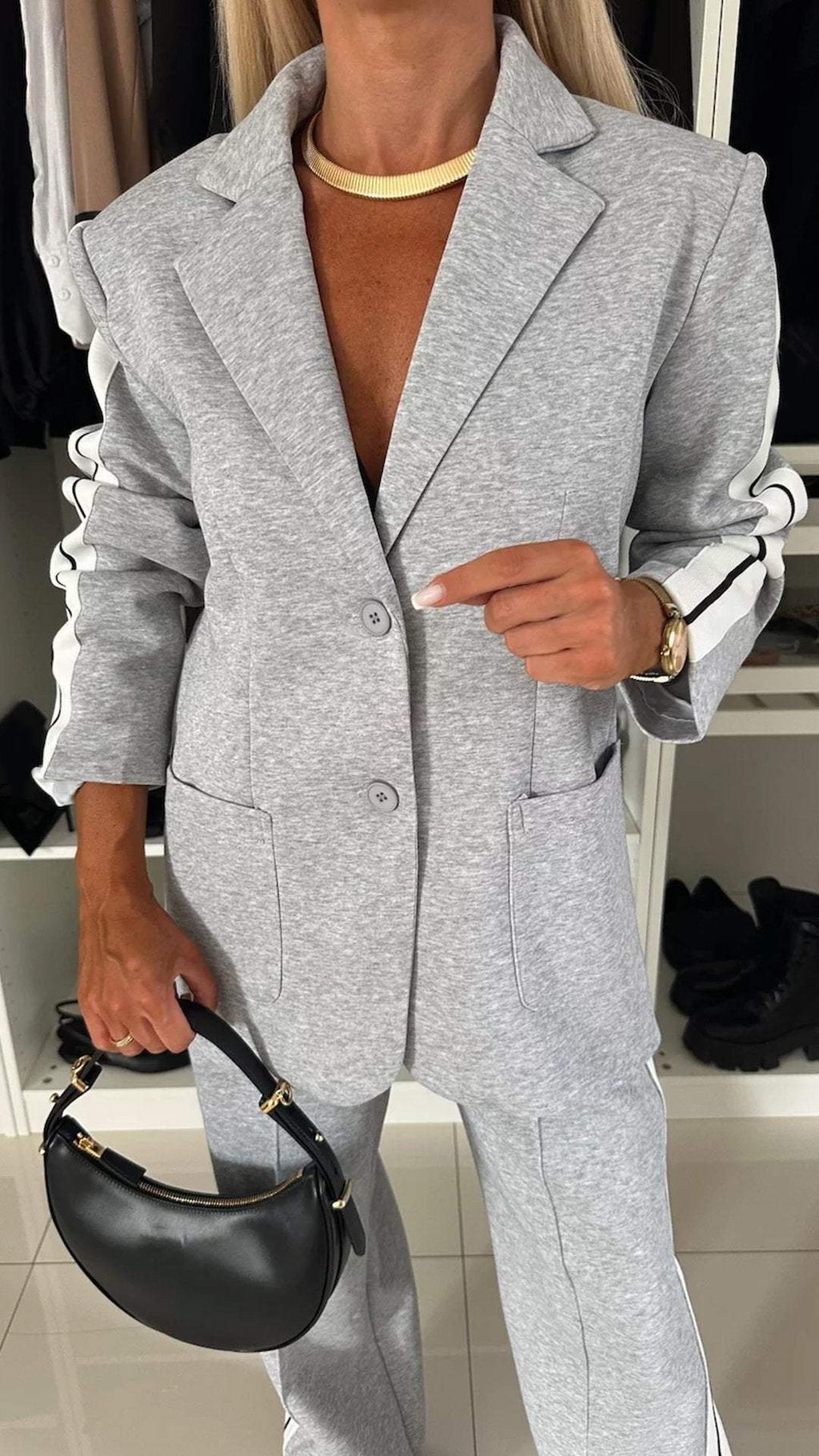 Gray Two Piece Relaxed Fit Blazer and Pants Set for Women | Office Suit