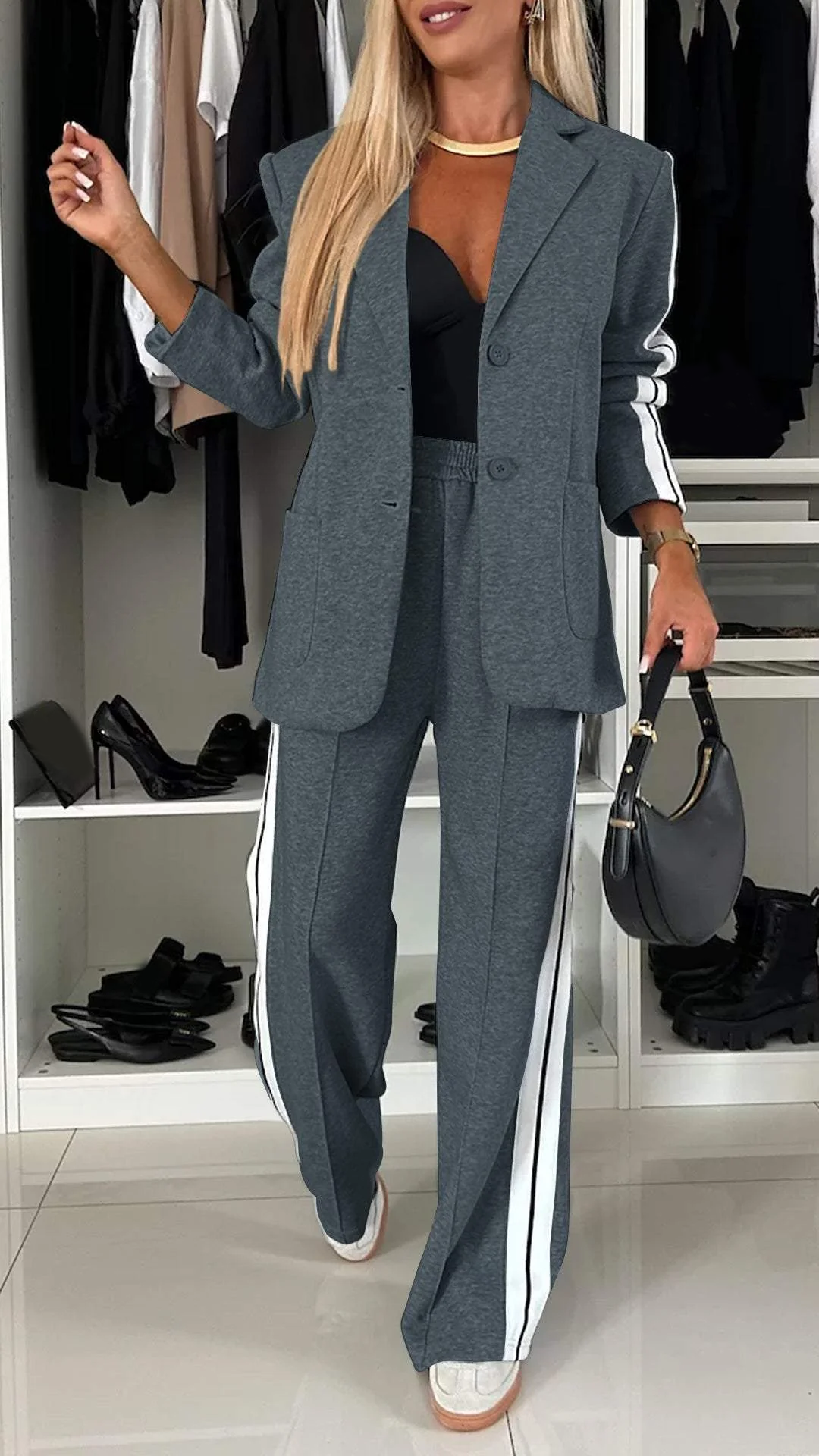 Gray Two Piece Relaxed Fit Blazer and Pants Set for Women | Office Suit