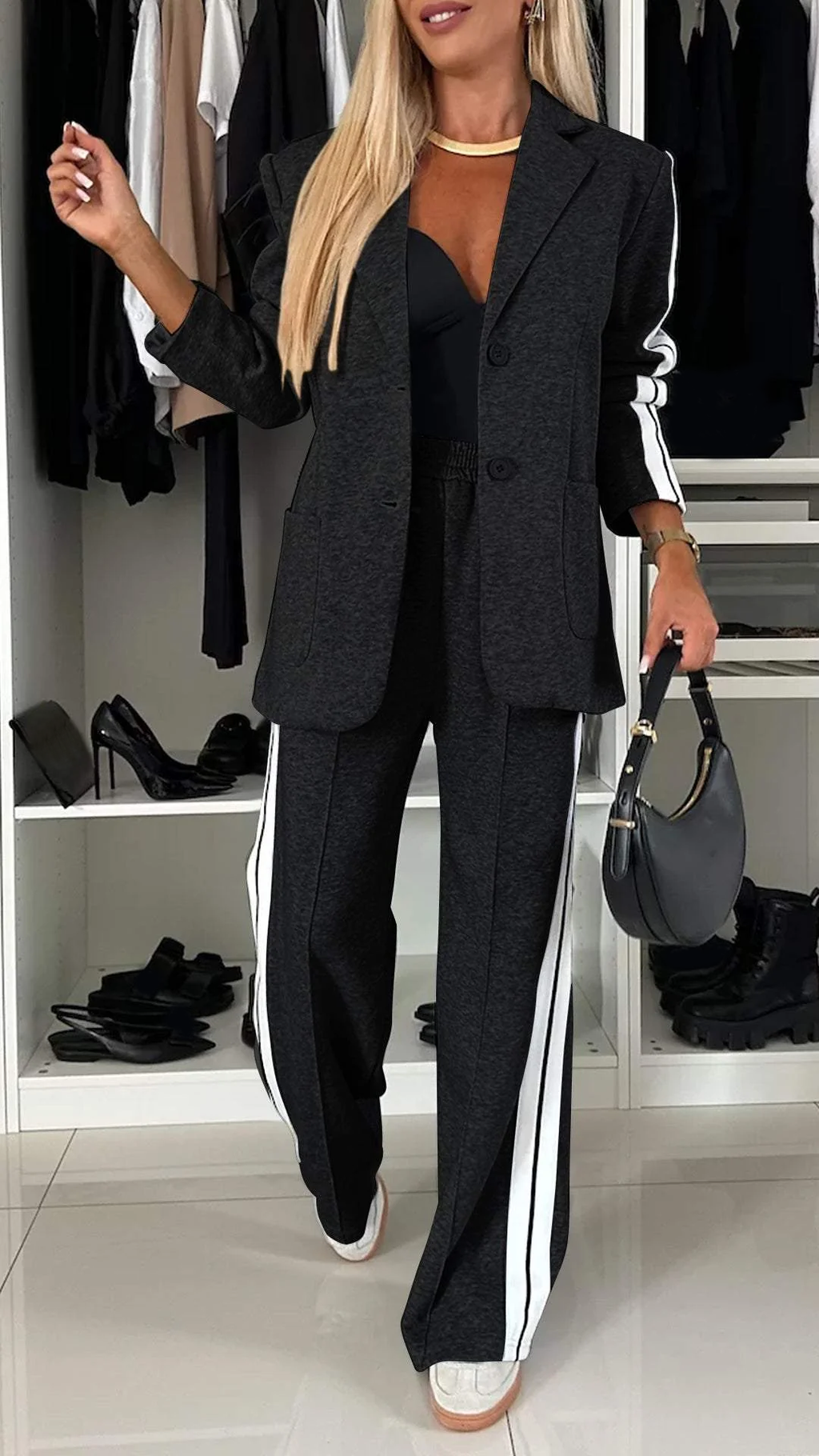 Gray Two Piece Relaxed Fit Blazer and Pants Set for Women | Office Suit
