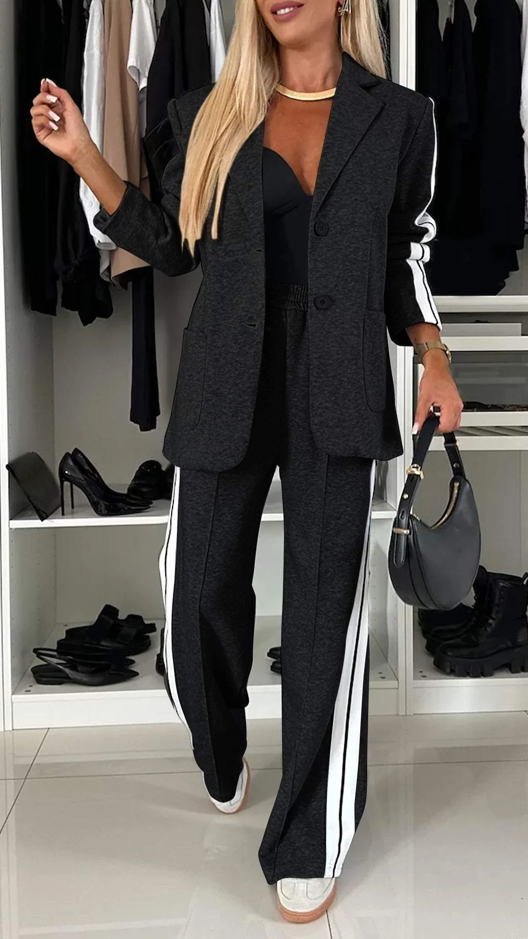 Gray Two Piece Relaxed Fit Blazer and Pants Set for Women | Office Suit