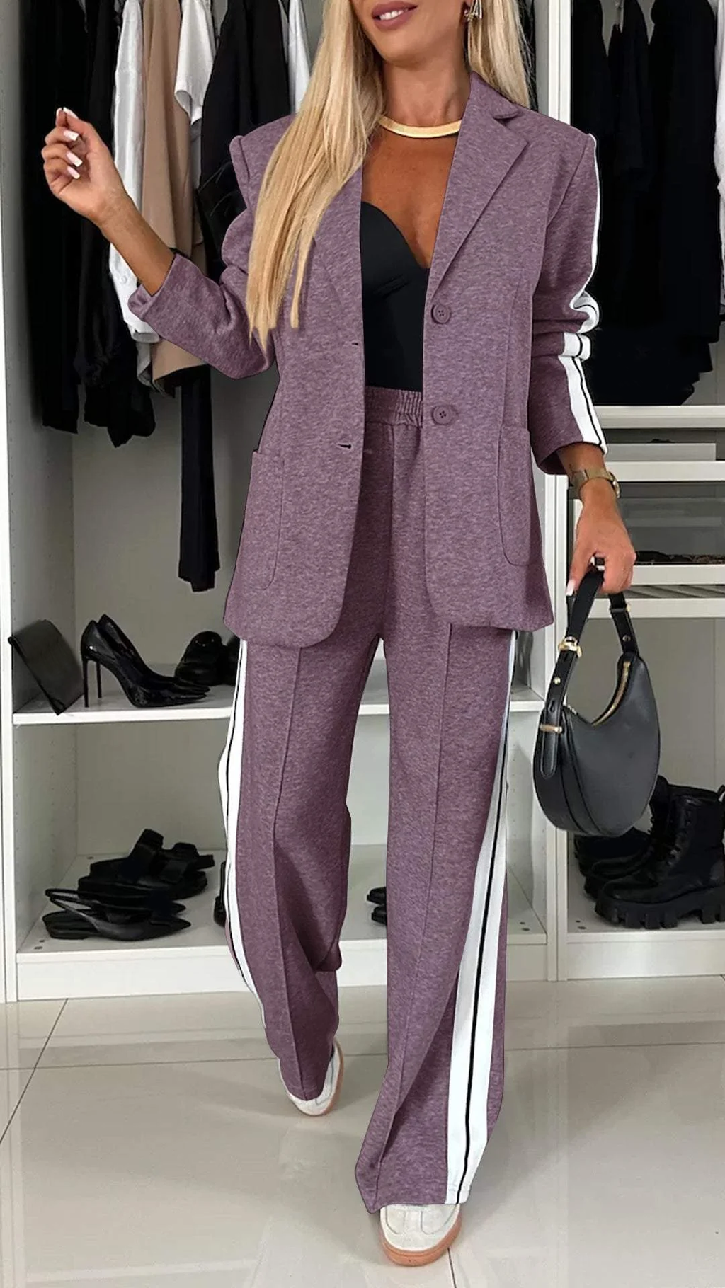 Gray Two Piece Relaxed Fit Blazer and Pants Set for Women | Office Suit
