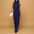 Sleeveless Halter Neck Wide Leg High Waist Jumpsuit for Women | Bow and Pockets