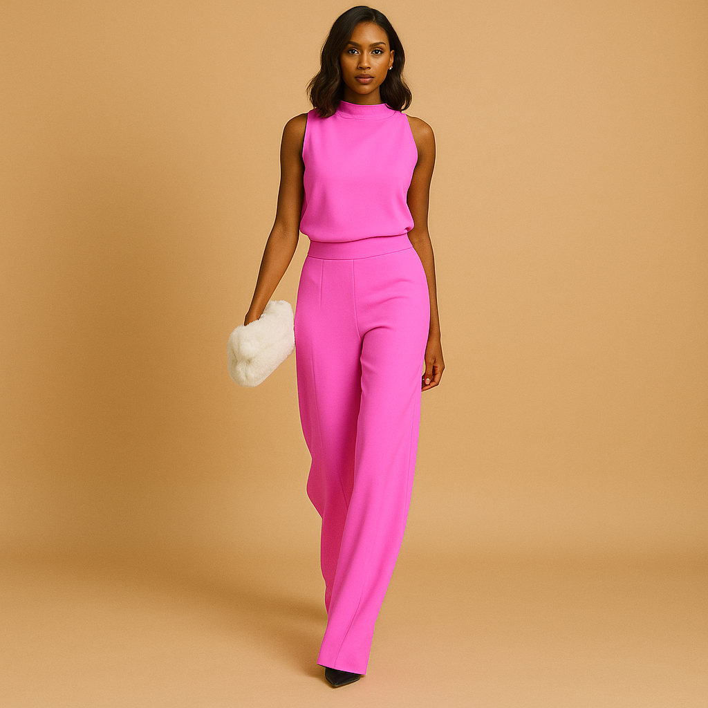 Sleeveless Halter Neck Wide Leg High Waist Jumpsuit for Women | Bow and Pockets