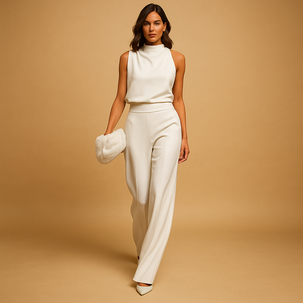 Sleeveless Halter Neck Wide Leg High Waist Jumpsuit for Women | Bow and Pockets