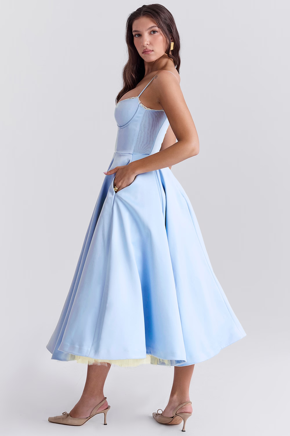 Sweetheart Neckline Corset Bodice Flared Midi Dress for Women | Formal Events