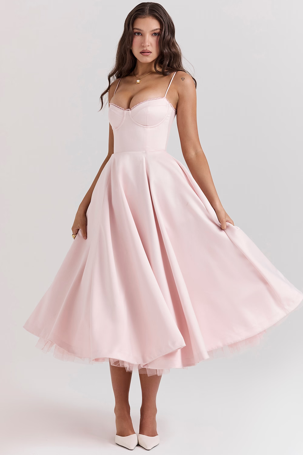 Sweetheart Neckline Corset Bodice Flared Midi Dress for Women | Formal Events