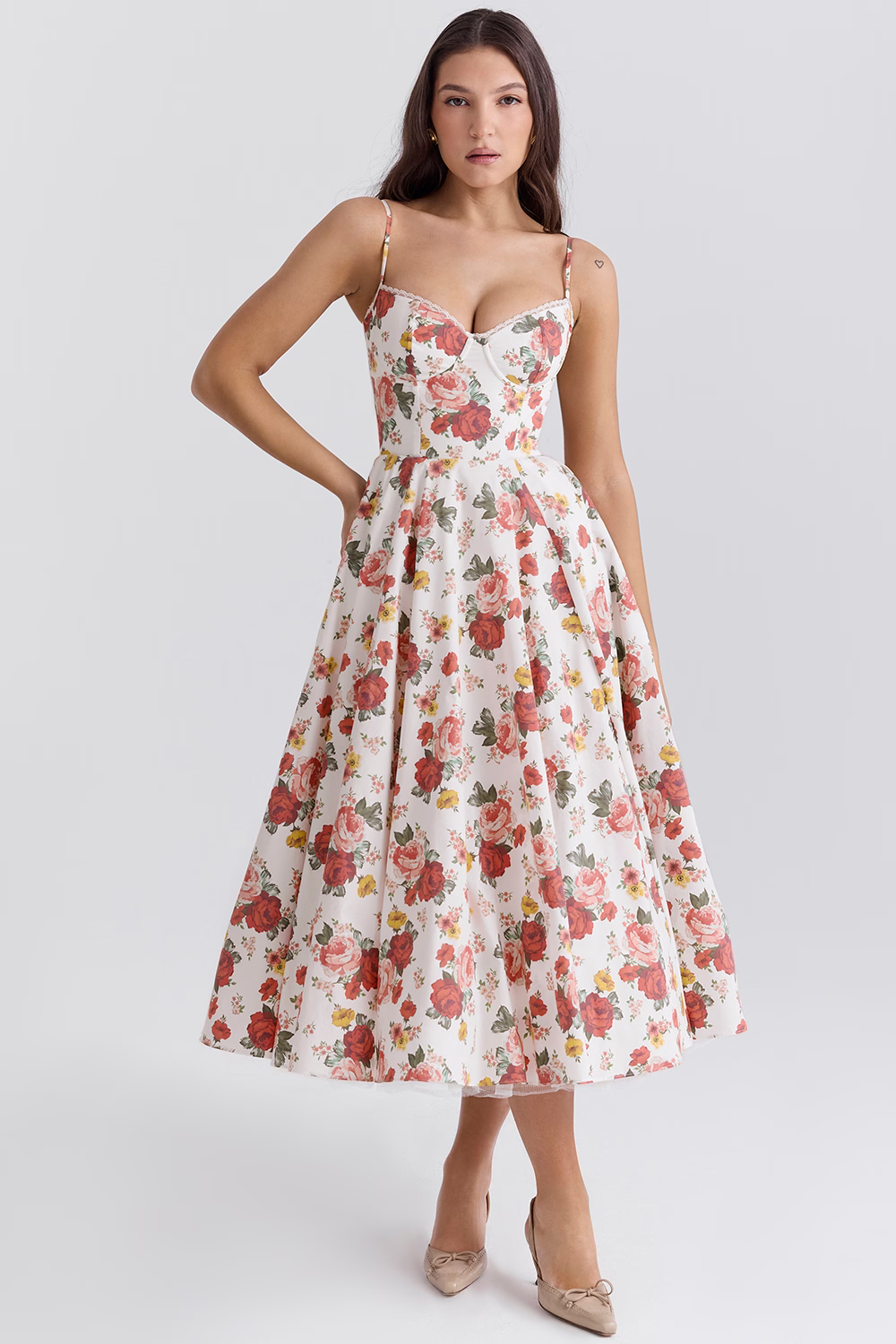 Sweetheart Neckline Corset Bodice Flared Midi Dress for Women | Formal Events