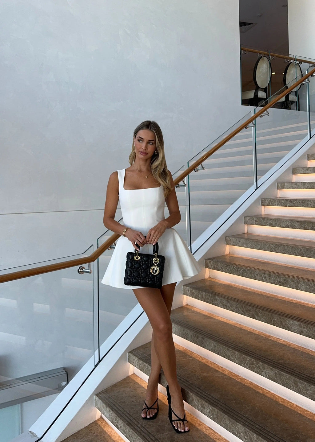 White Square Neck Flared Mini Dress with Fitted Bodice for Women | Casual Wear