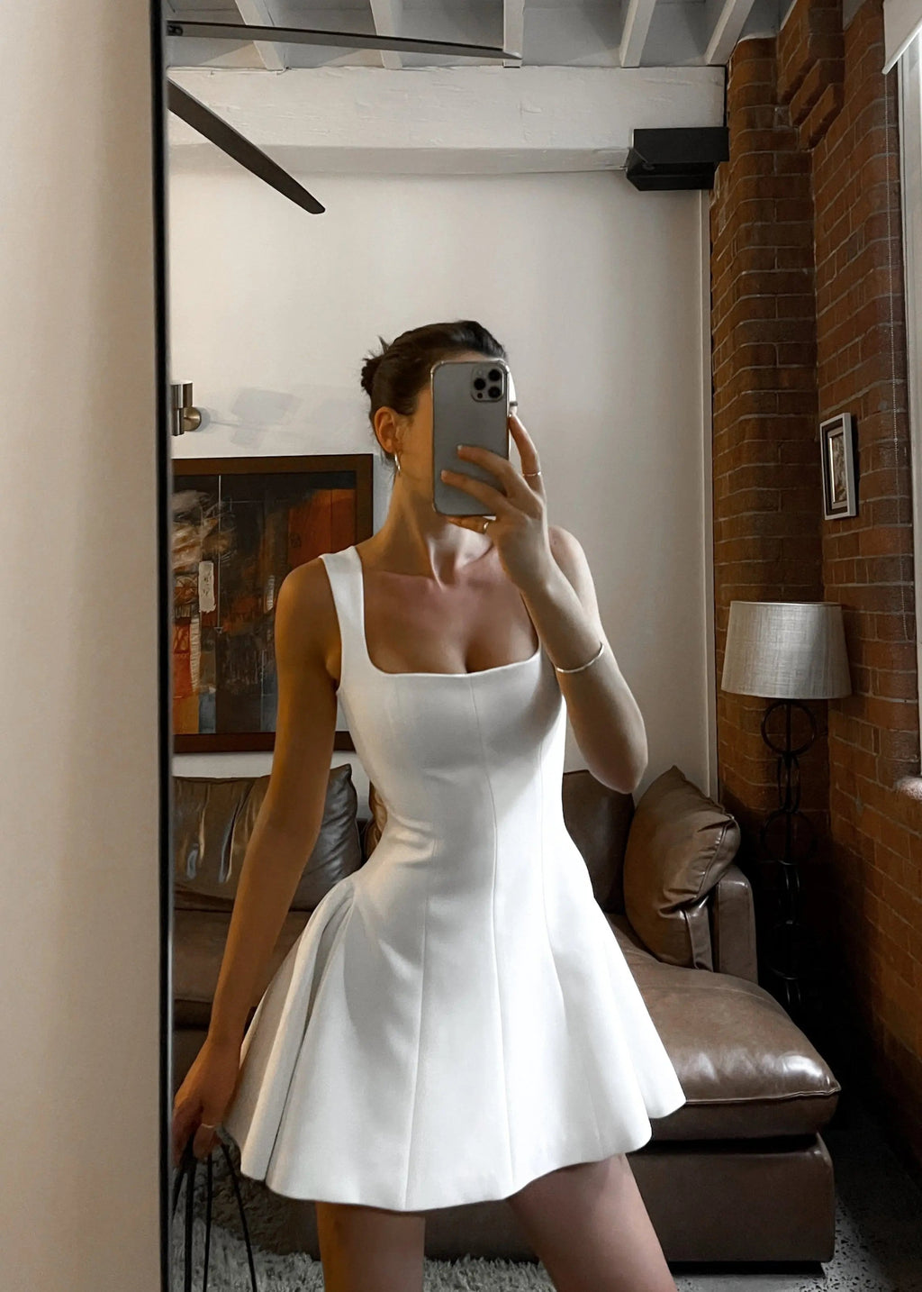 White Square Neck Flared Mini Dress with Fitted Bodice for Women | Casual Wear