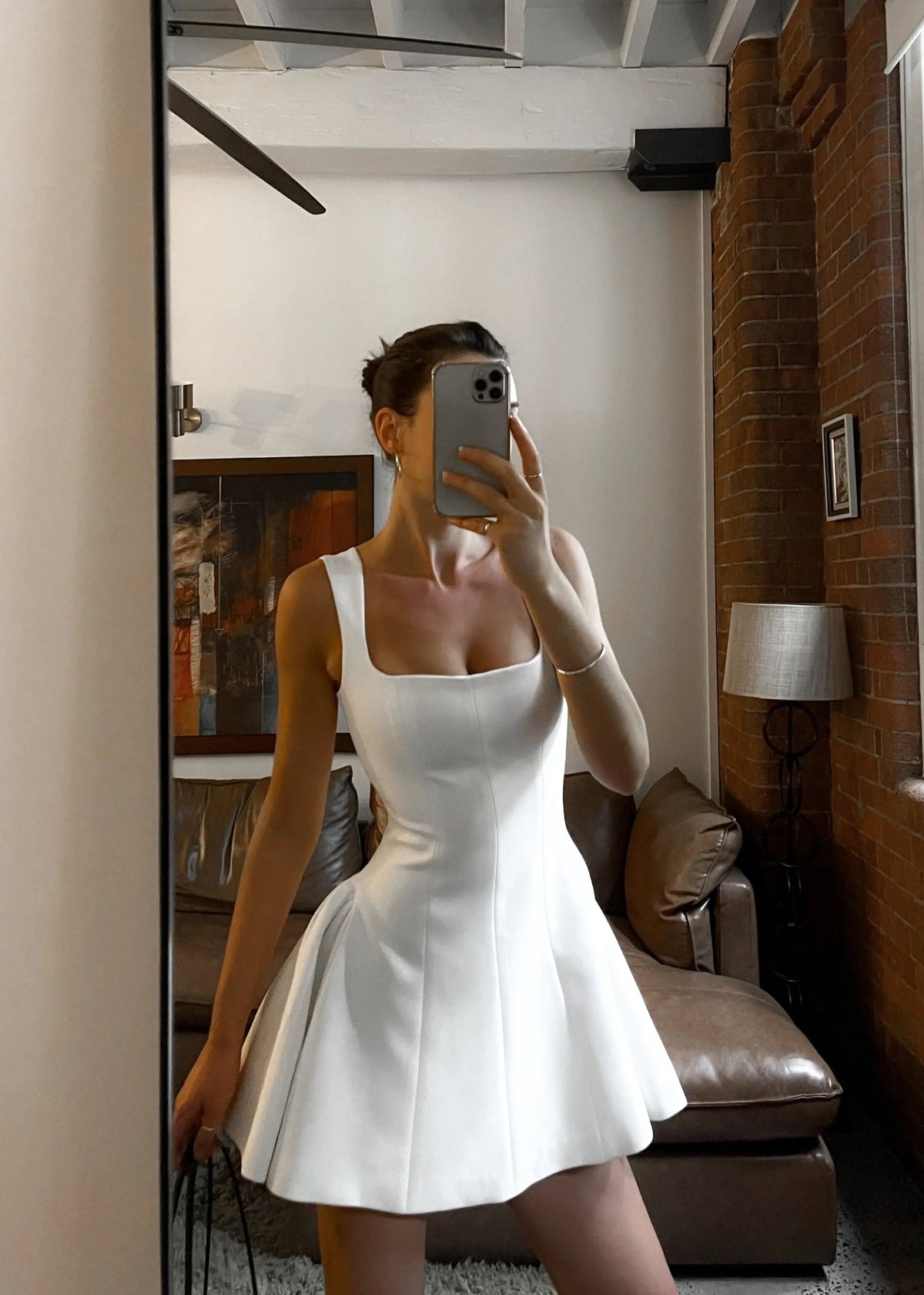 White Square Neck Flared Mini Dress with Fitted Bodice for Women | Casual Wear